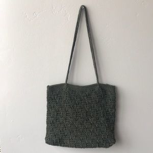 Crocheted army green purse.  No name.  Darn cute.